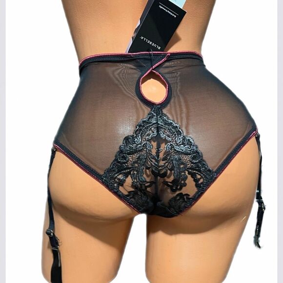 BLUEBELLA Mara High Waist Suspender Brief mesh Floral Appliqué Garter Black S - Picture 7 of 11